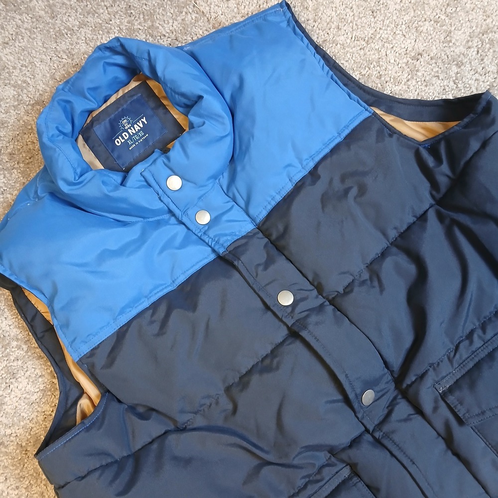 Old Navy Mens Puffer Vest Blue Black Colorblock Quilted Snap Front XL